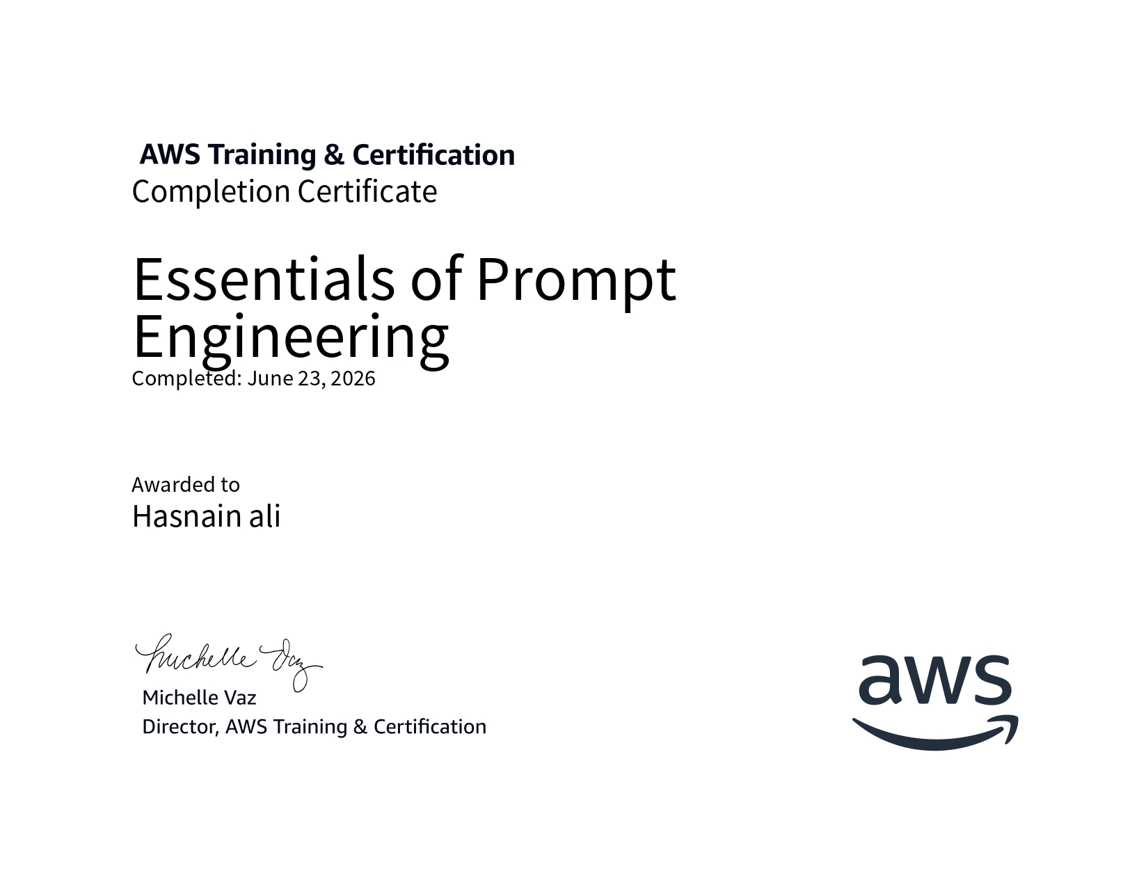 Essentials of Prompt Engineering certificate, AWS
