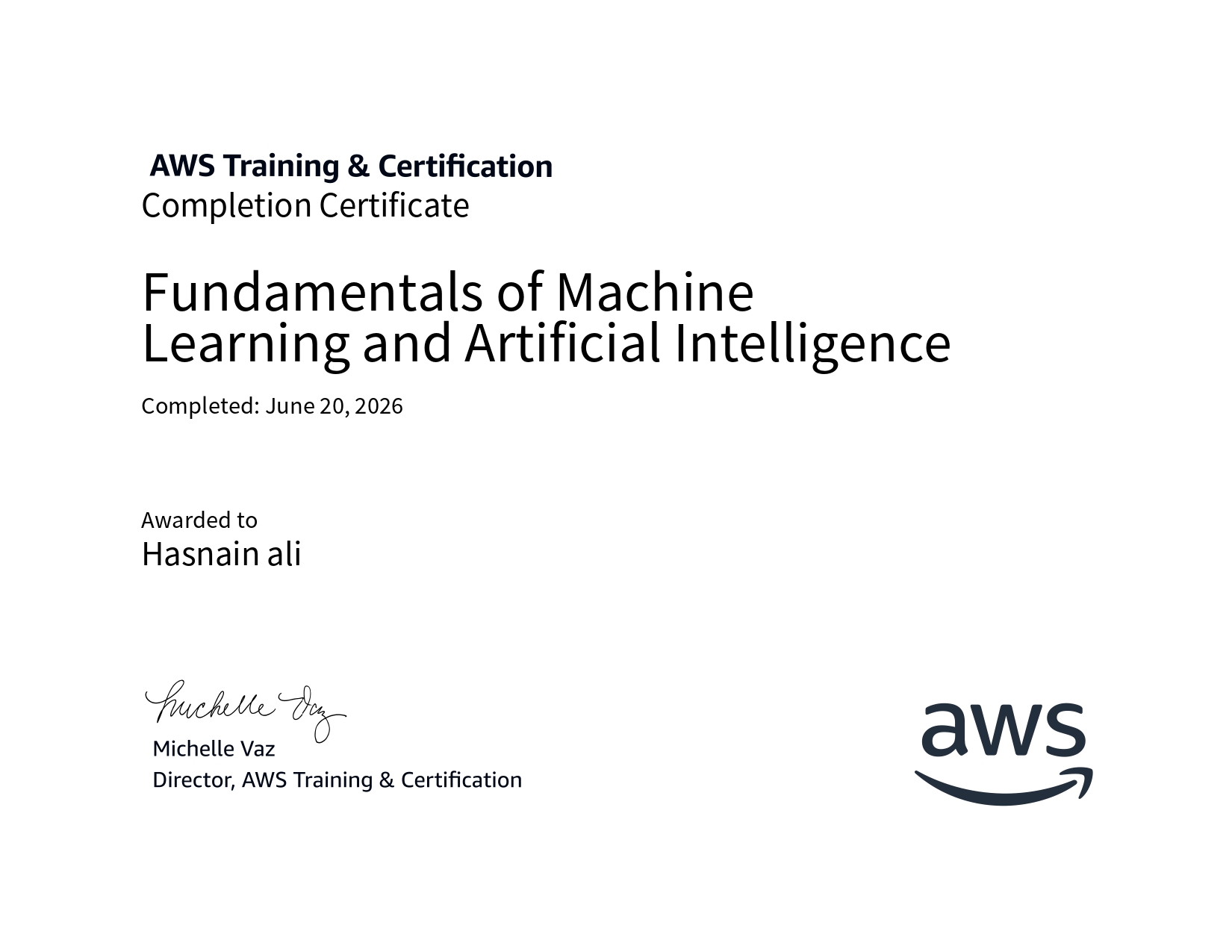 Fundamentals of Machine Learning and AI certificate, AWS
