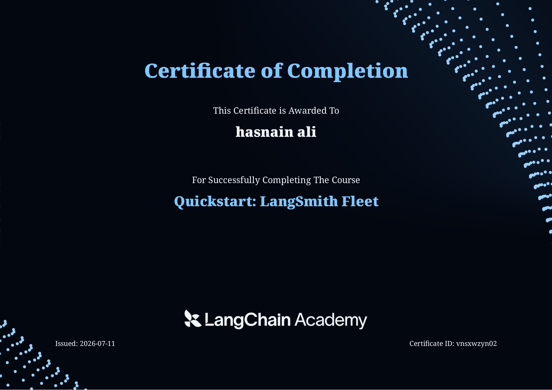 LangSmith Fleet certificate, LangChain Academy